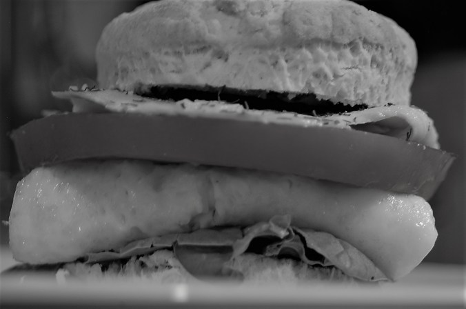 Breakfast sandwich on a Southern biscuit made with yankee flour