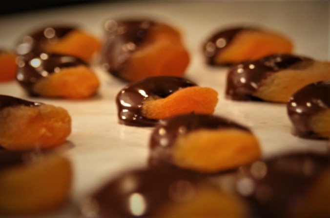 Dried apricots dipped in dark chocolate