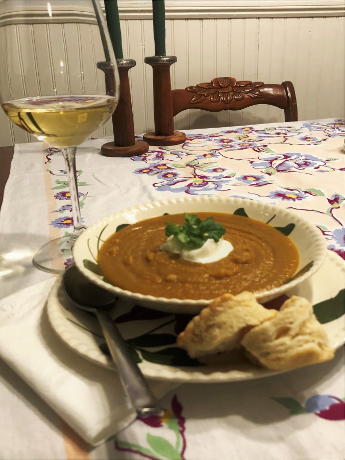 Finished Soup, Plated, with Biscuit and Wine